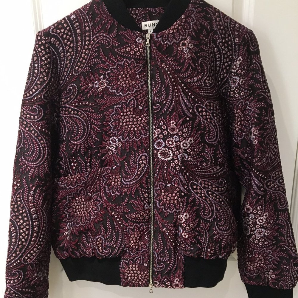 Brocade floral paisley silk-blend bomber jacket. US4, NWT.